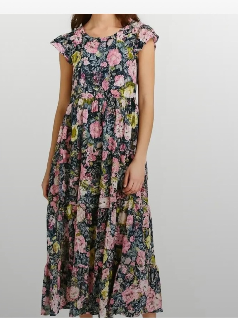 Floral Tiered Maxi Dress in Pink & Green